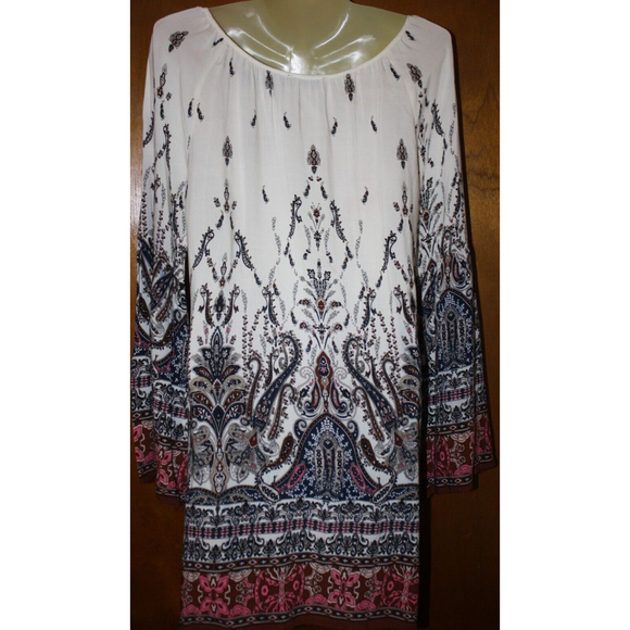 Blu Pepper Tunic Top Sz L Boho Womens LS Blouse Colorful Pink Brown Black Ivory - Picture 6 of 7